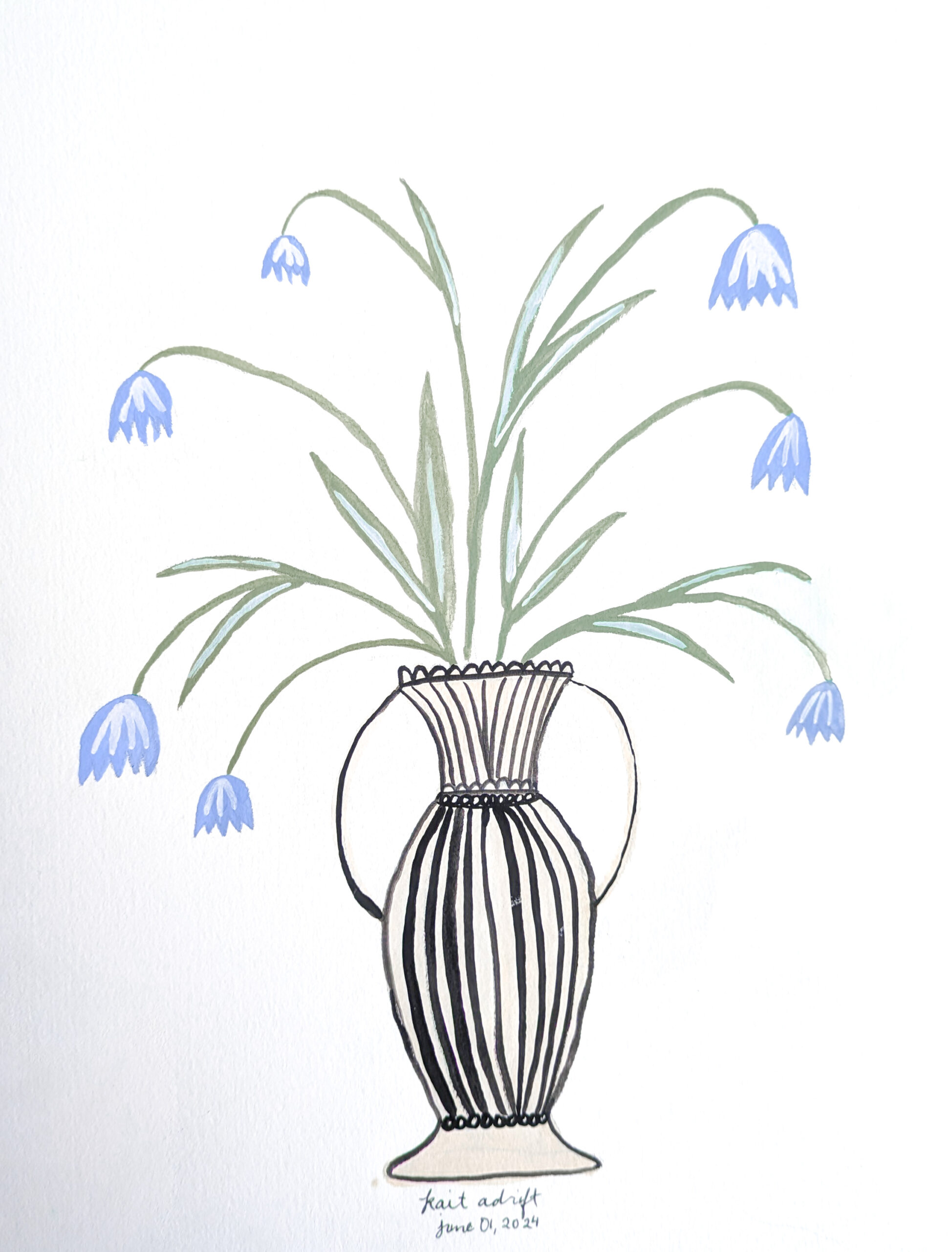 Gouache painting of a tall vase with drooping blue flowers and olive green leaves